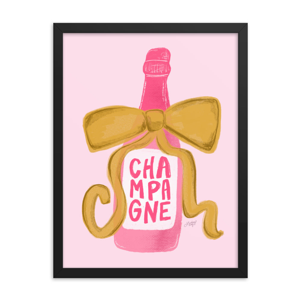 Ilustración de botella de champán con cinta - Impresión mate enmarcada